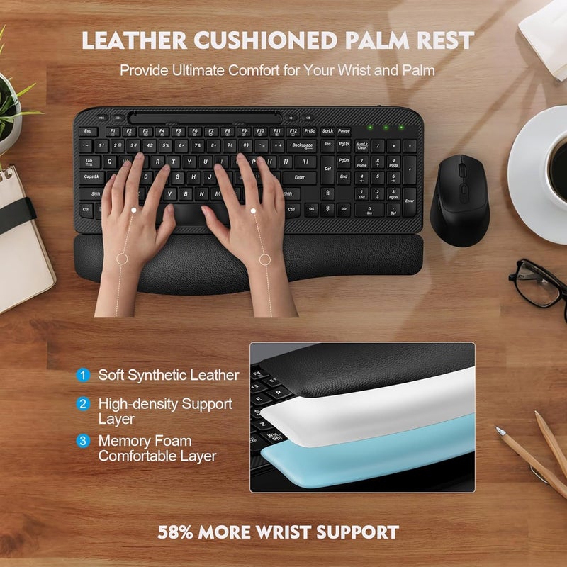 EAYBLLY Wireless Keyboard and Mouse Combo, Wave Keys Full-Sized Ergonomic Keyboard with Cushioned Plam Rest, Phone Holder, Comfortable Natural Typing, 2.4G Cordless Set for Computer, Laptop, PC, Mac, Windows - Image 2